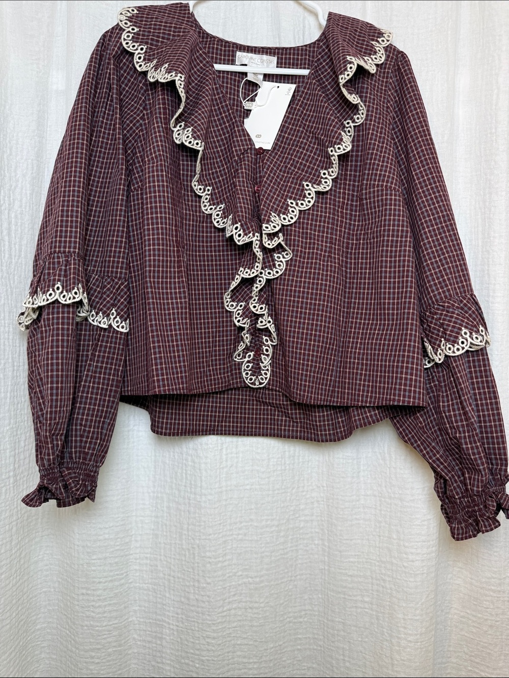 NWT Caroline Constas Burgundy Plaid Ruffle Lace Trim Blouse